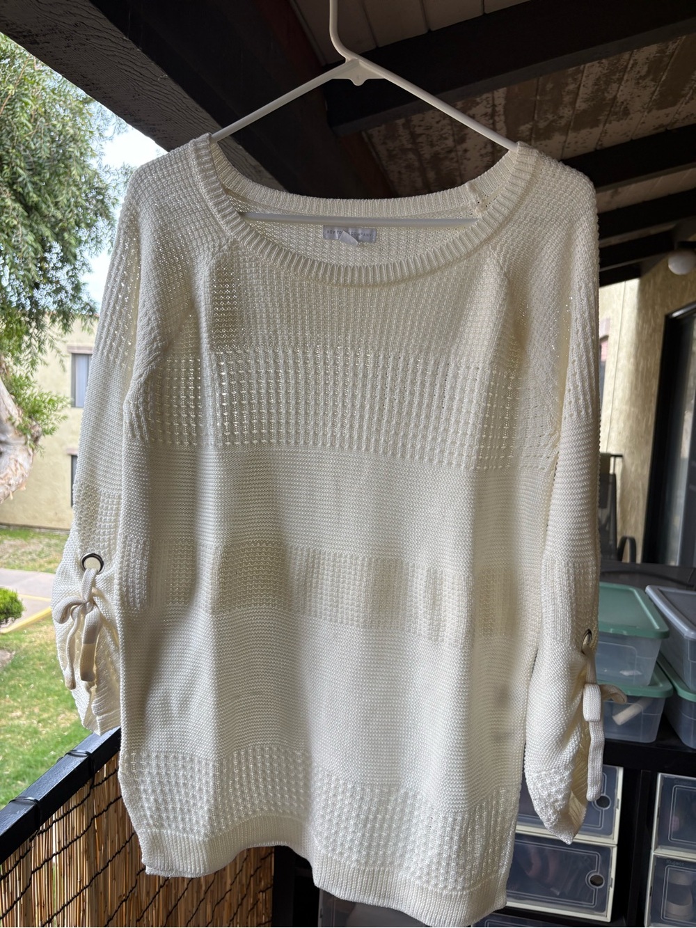 New York & Company Cream Knit Tie-Sleeve Scoop Neck Sweater